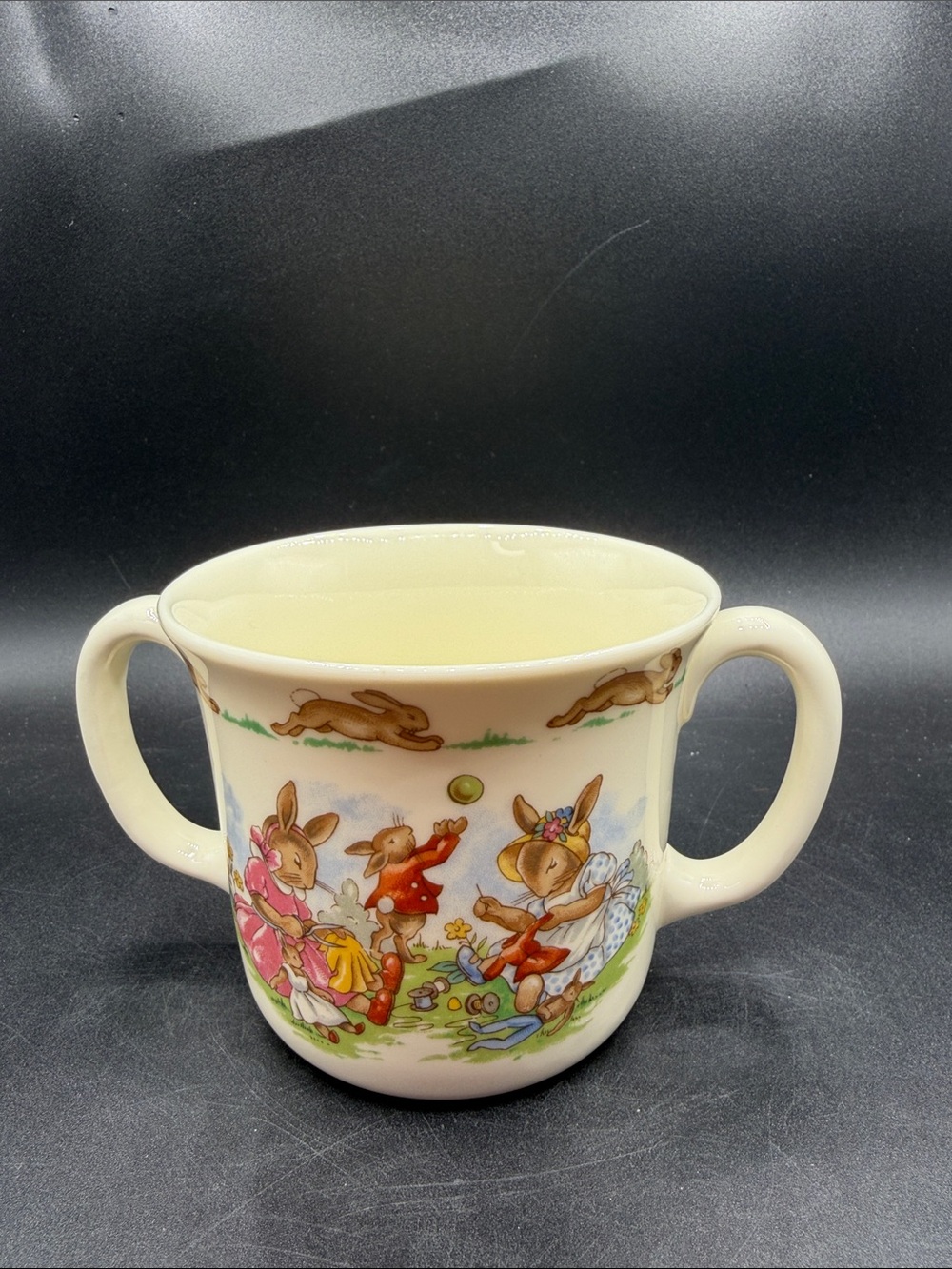 Vtg 1936 Children's Bunny Two-Handle Ceramic Mug - Cream with Pastel Bunny Print